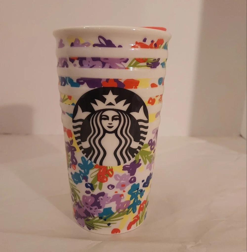 Starbucks Spring Pink Floral Band Ceramic Traveler Tumbler Coffee Cup 10 oz 2016